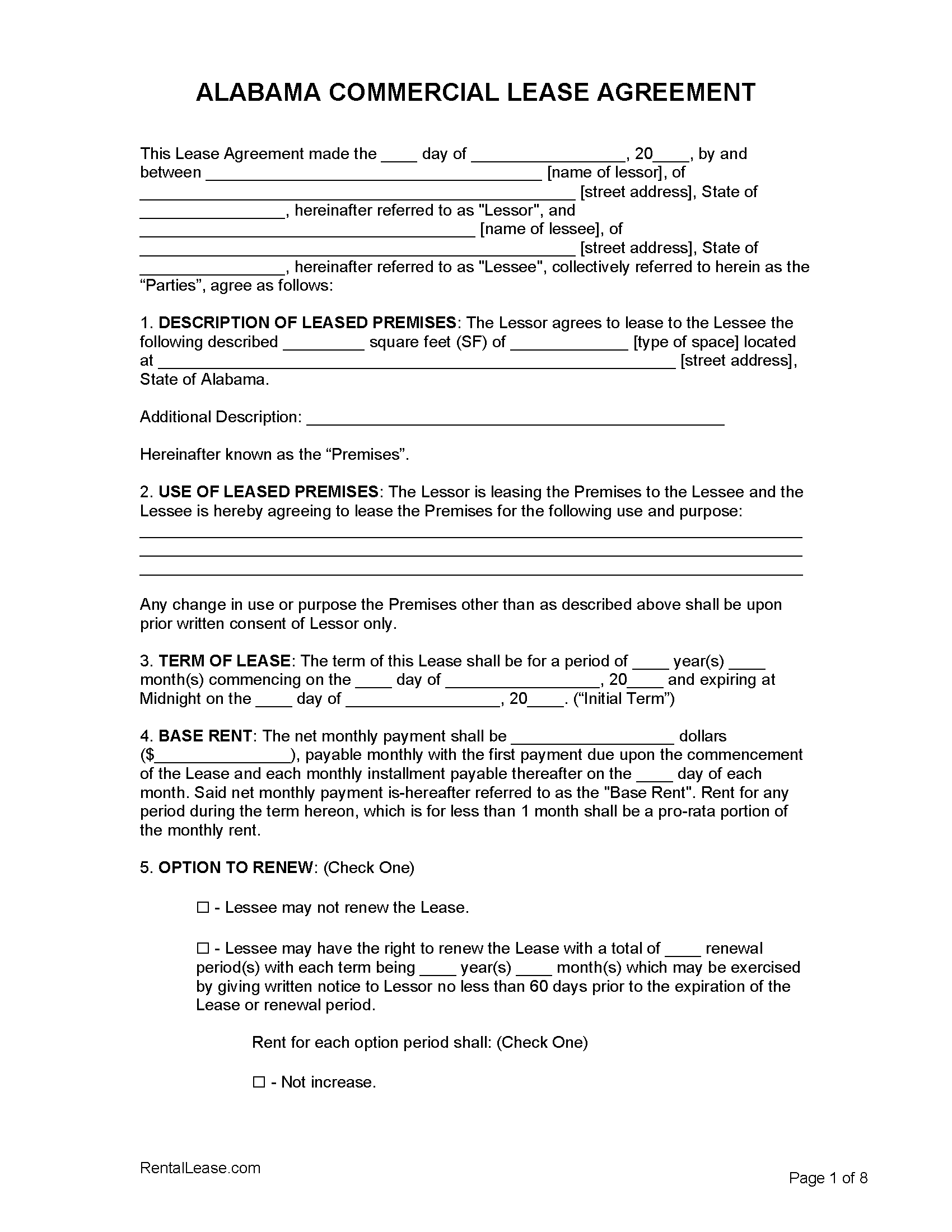Free Alabama Commercial Lease Agreement PDF Word