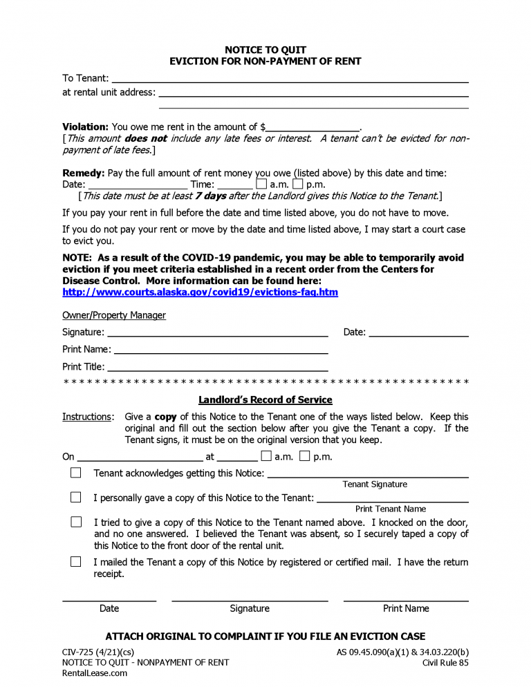 Free Alaska Rental Lease Agreement Templates PDF Word   Alaska Eviction Notice To Quit Form CIV 725 768x994 