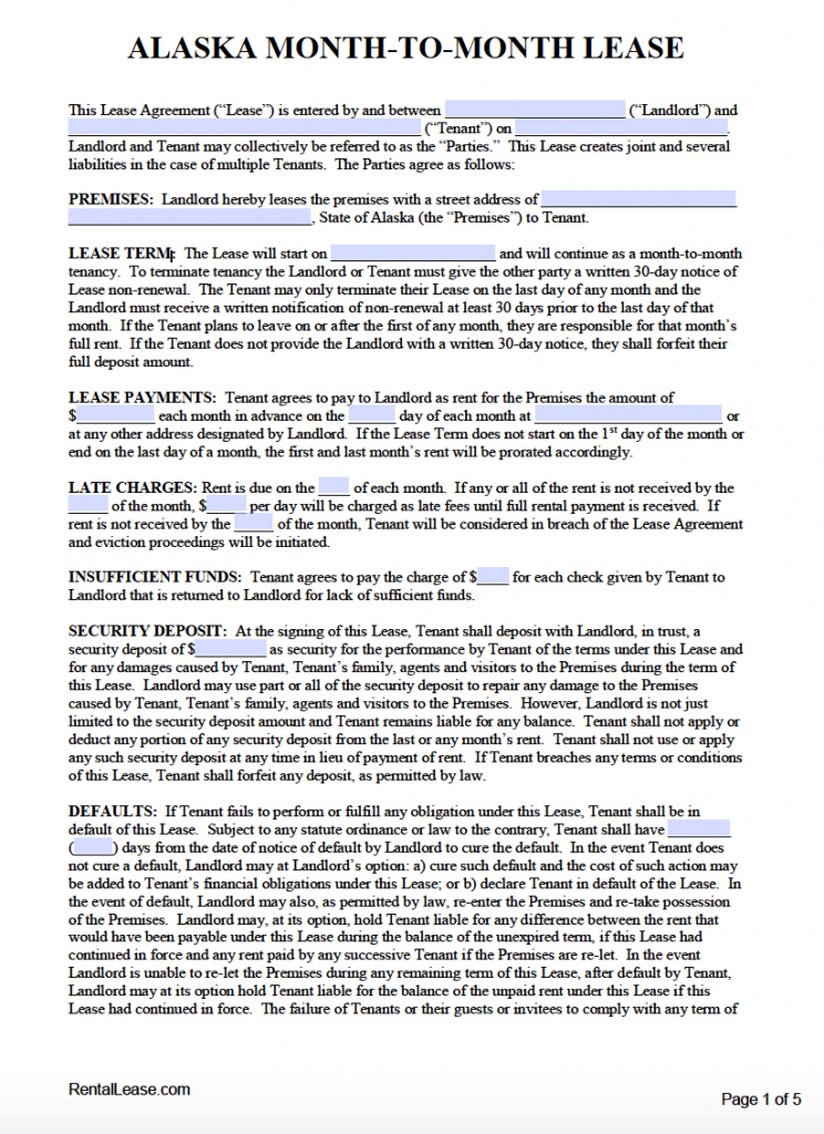 Free Alaska Rental Lease Agreement Templates PDF Word