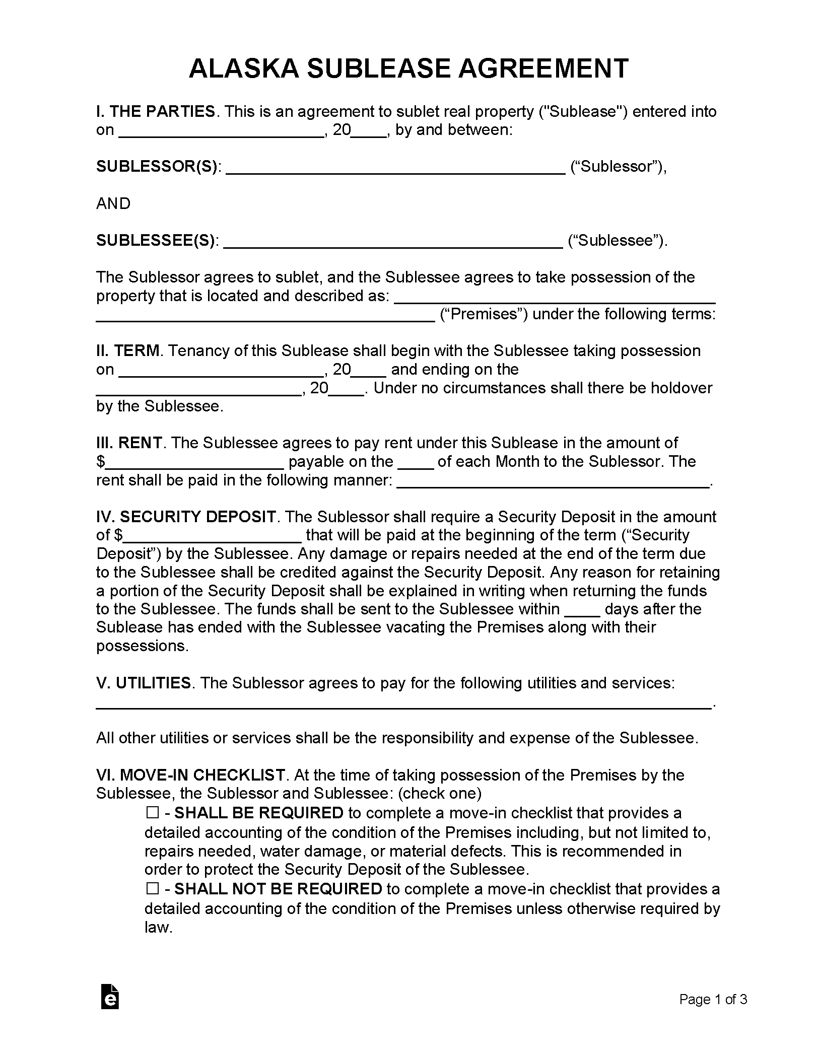 Free Alaska Sublease Agreement Template PDF Word