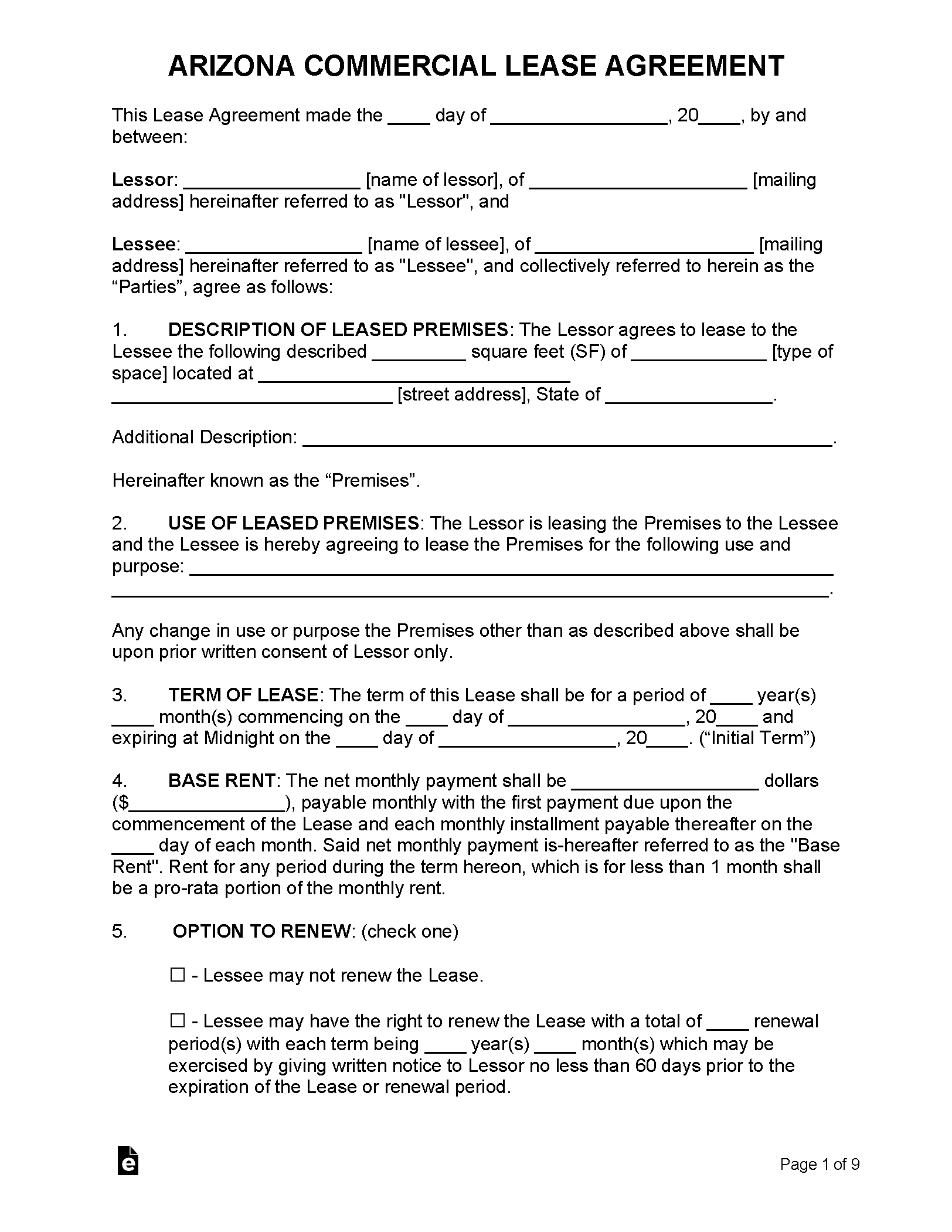 Free Arizona Commercial Lease Agreement Template PDF Word