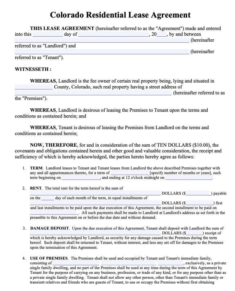 Free Colorado Rental Lease Agreement Templates PDF Word