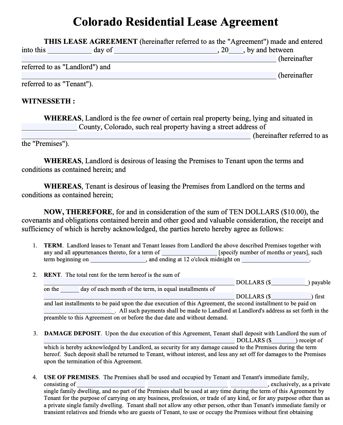 Free Colorado Rental Lease Agreement Templates  PDF  Word Throughout free residential lease agreement template