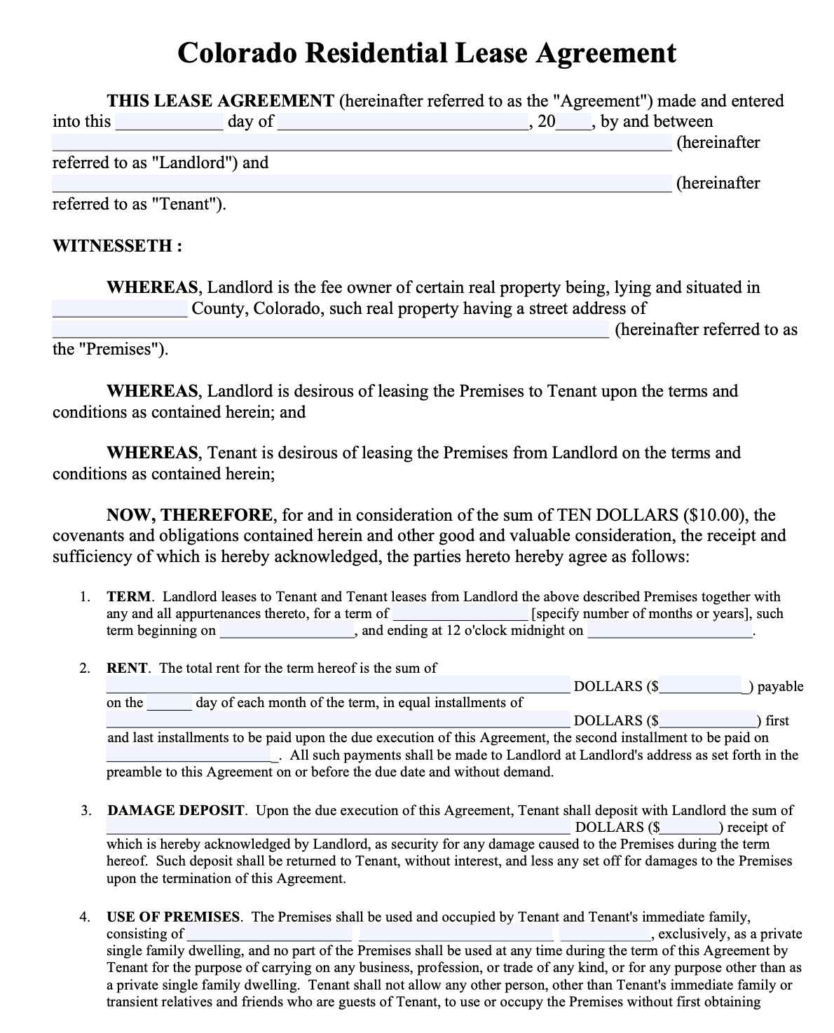 Free Colorado Standard Residential Lease Agreement Template PDF Word