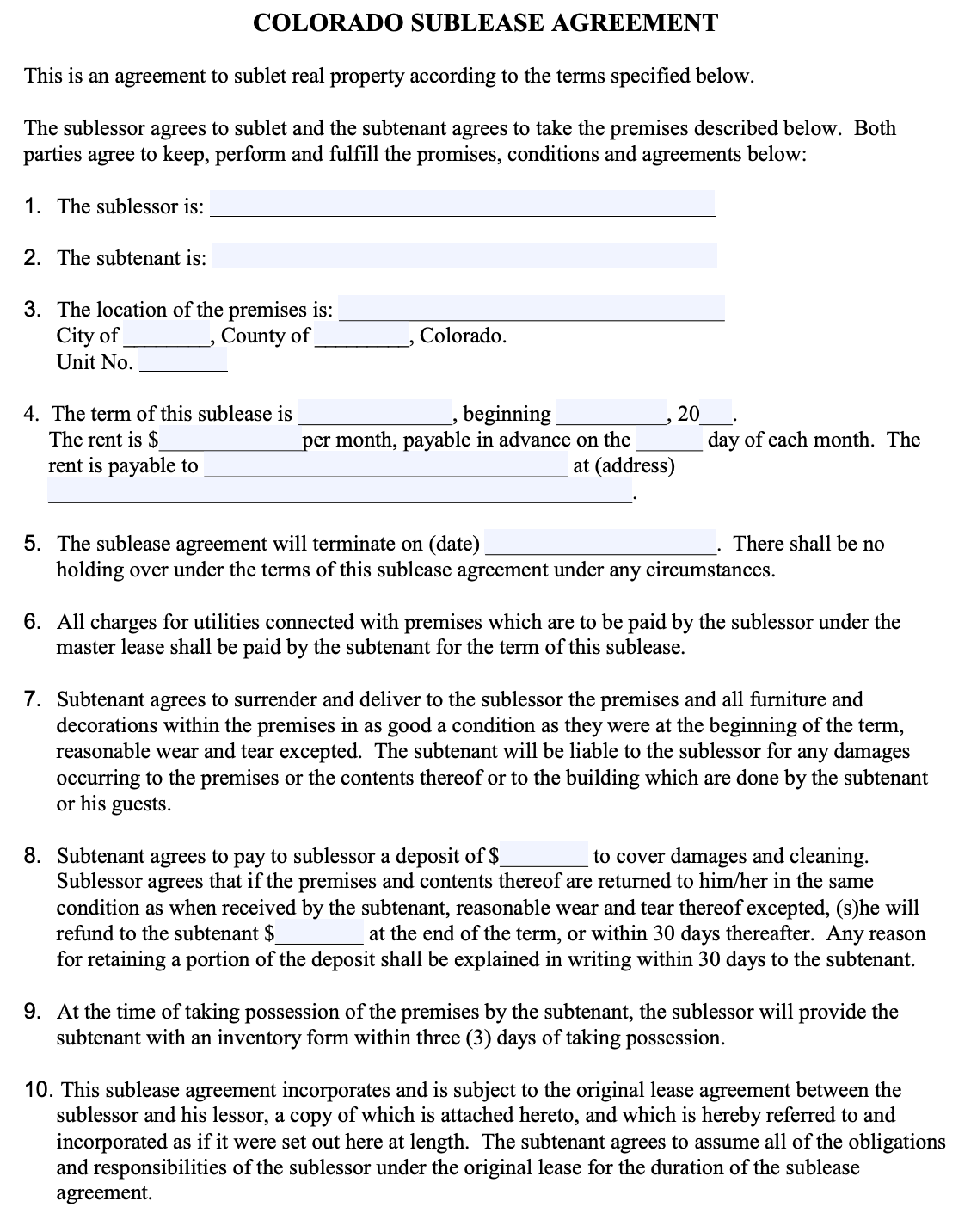 Colorado Residential Lease Agreement Form Printable Form, Templates