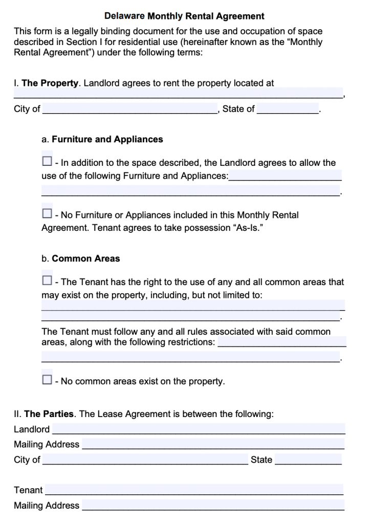 Free Delaware Rental Lease Agreement Templates PDF Word