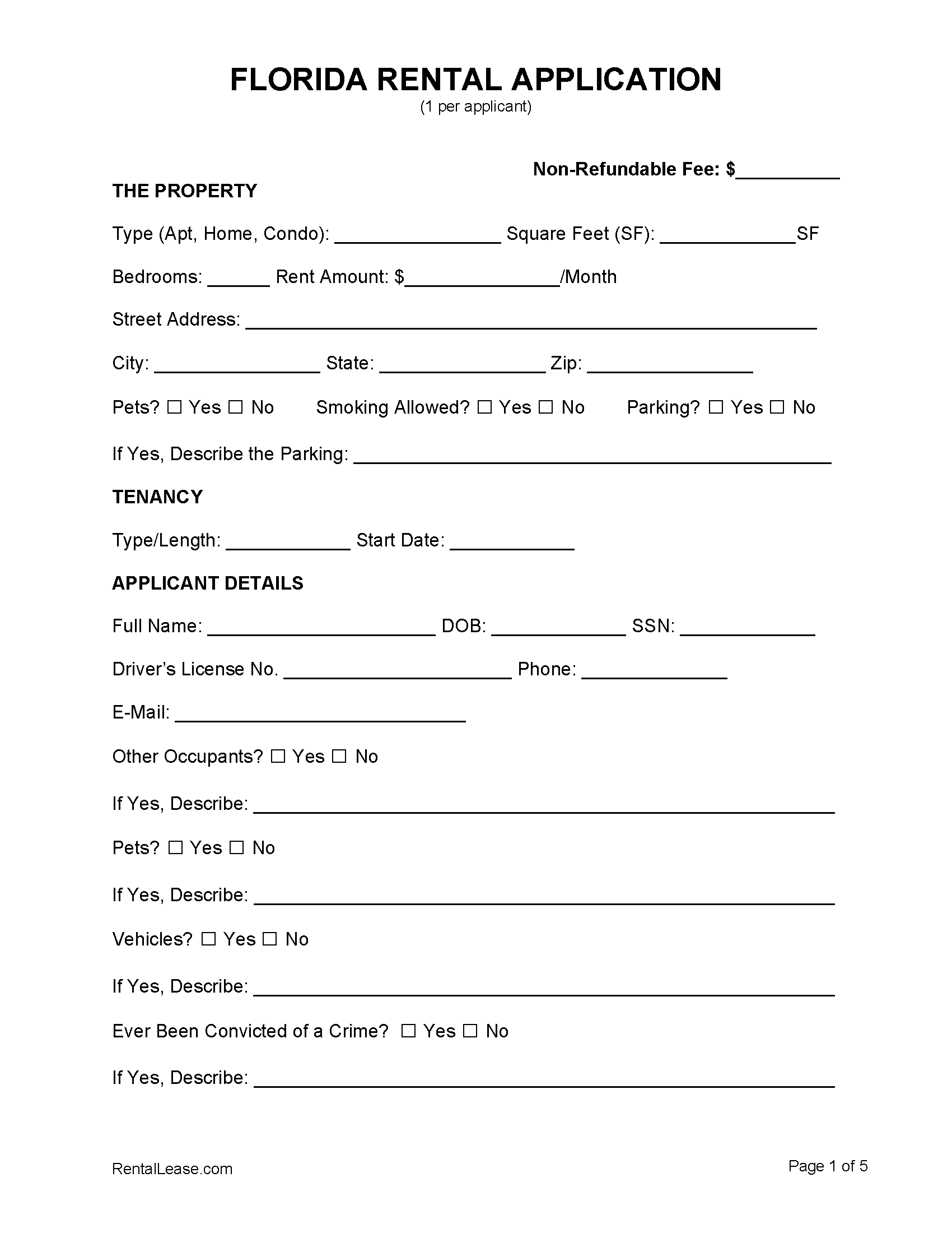 Free Florida Rental Application Template Pdf Word 3778