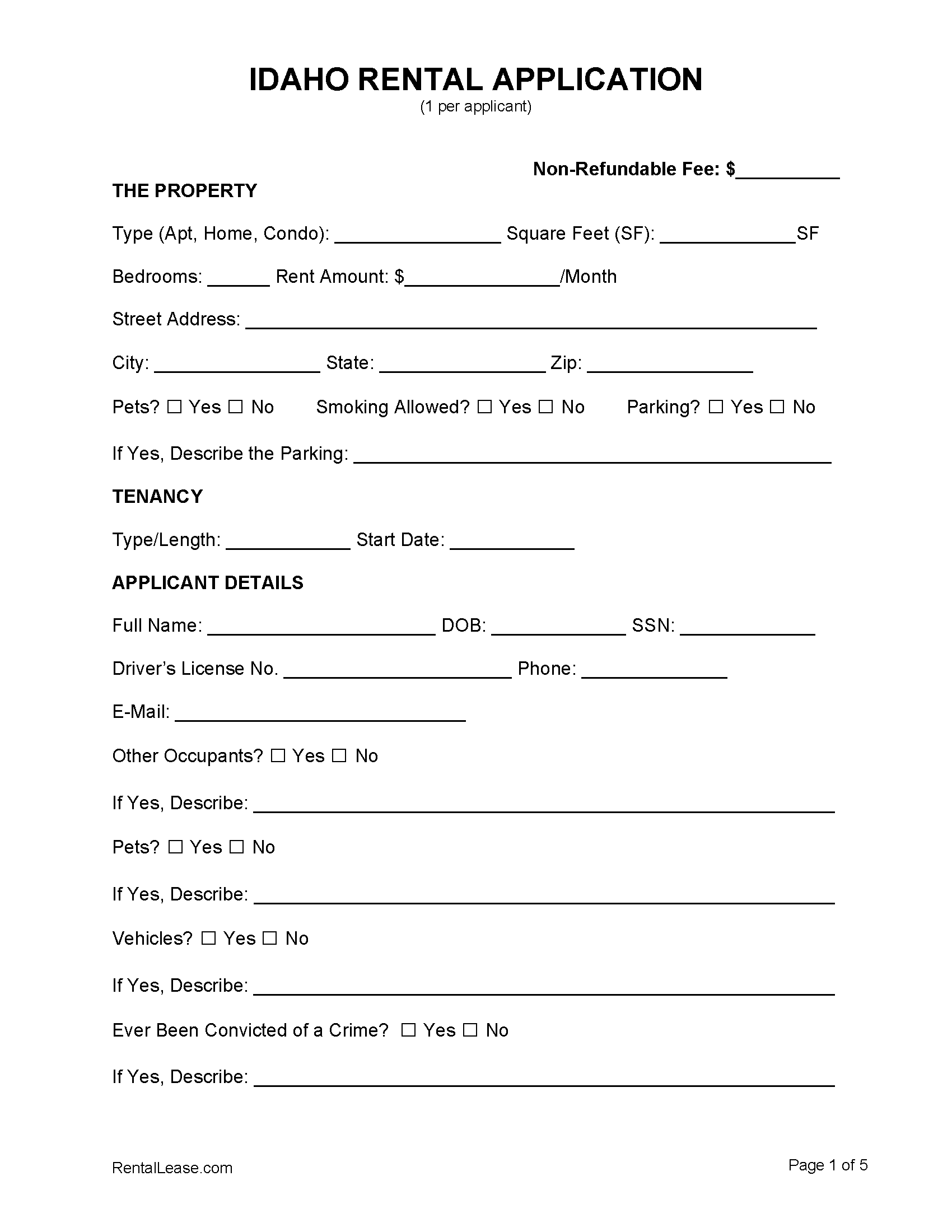 Free Idaho Rental Application Template PDF Word