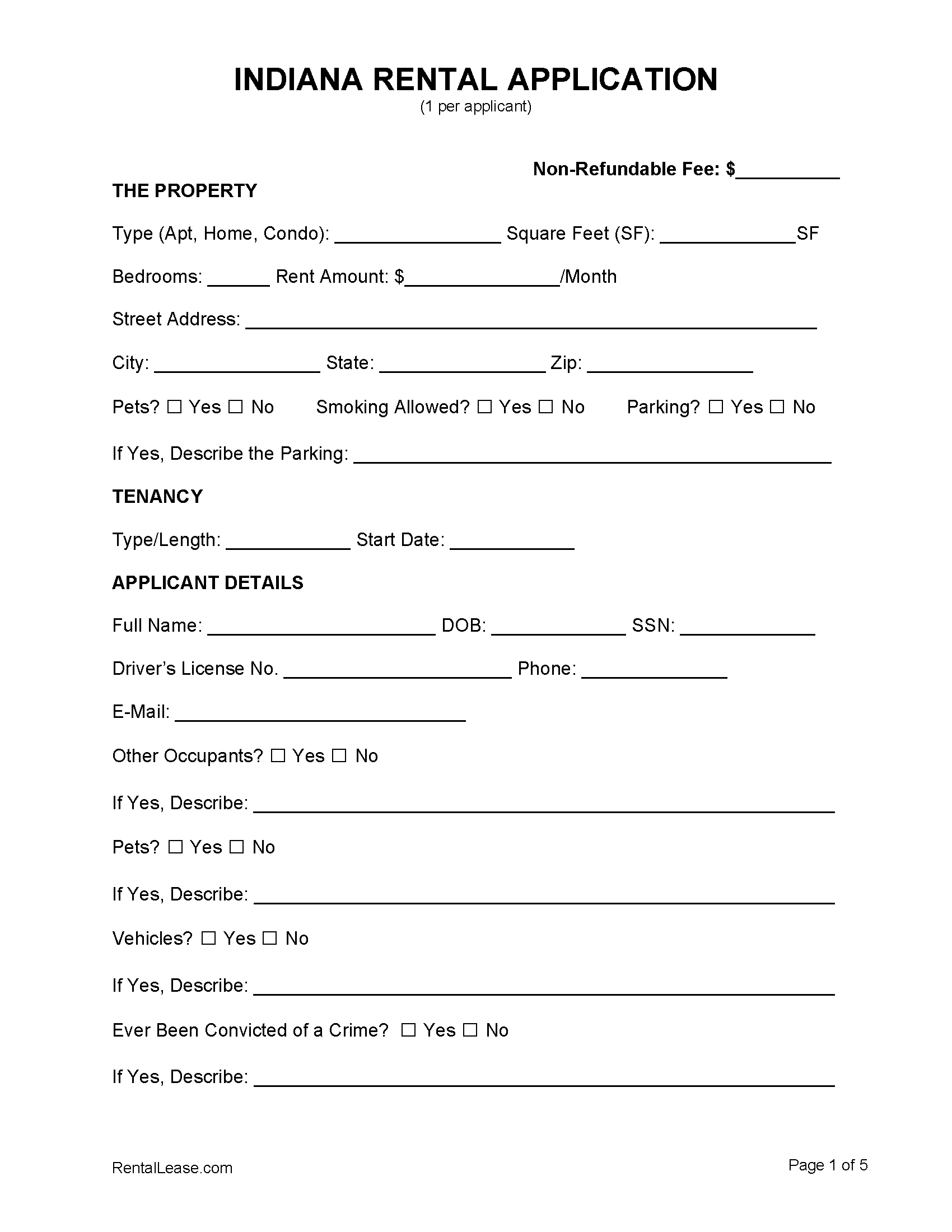 free indiana rental application template pdf word