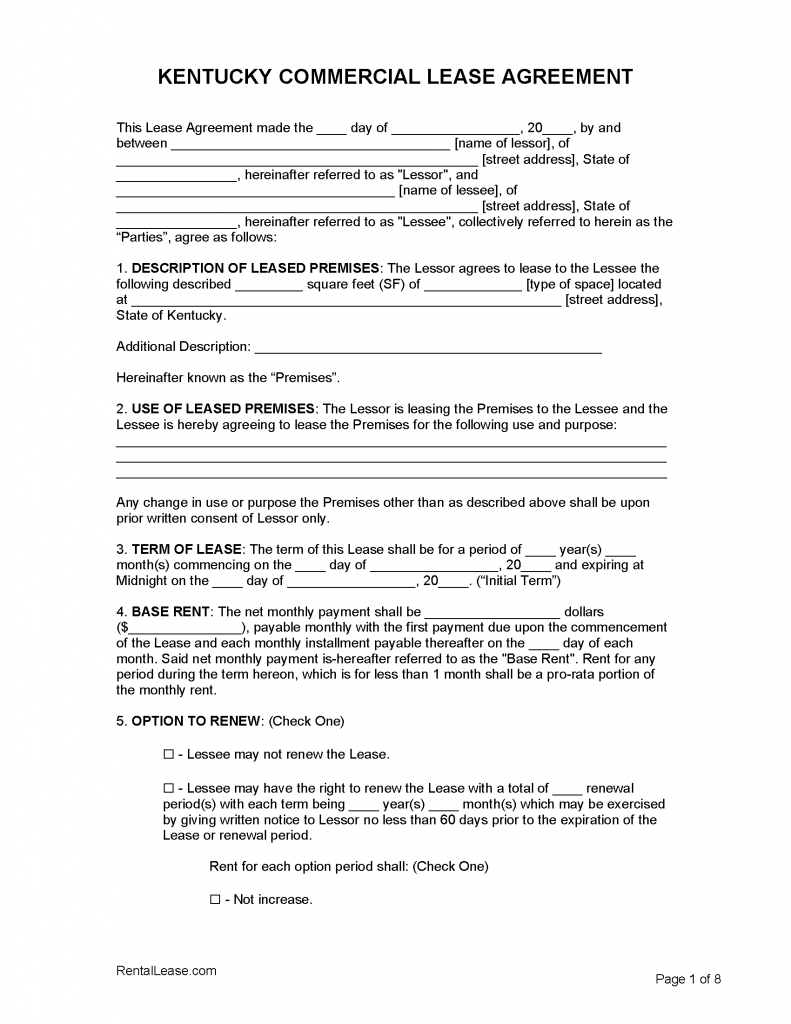 Free Kentucky Rental Lease Agreement Templates PDF Word