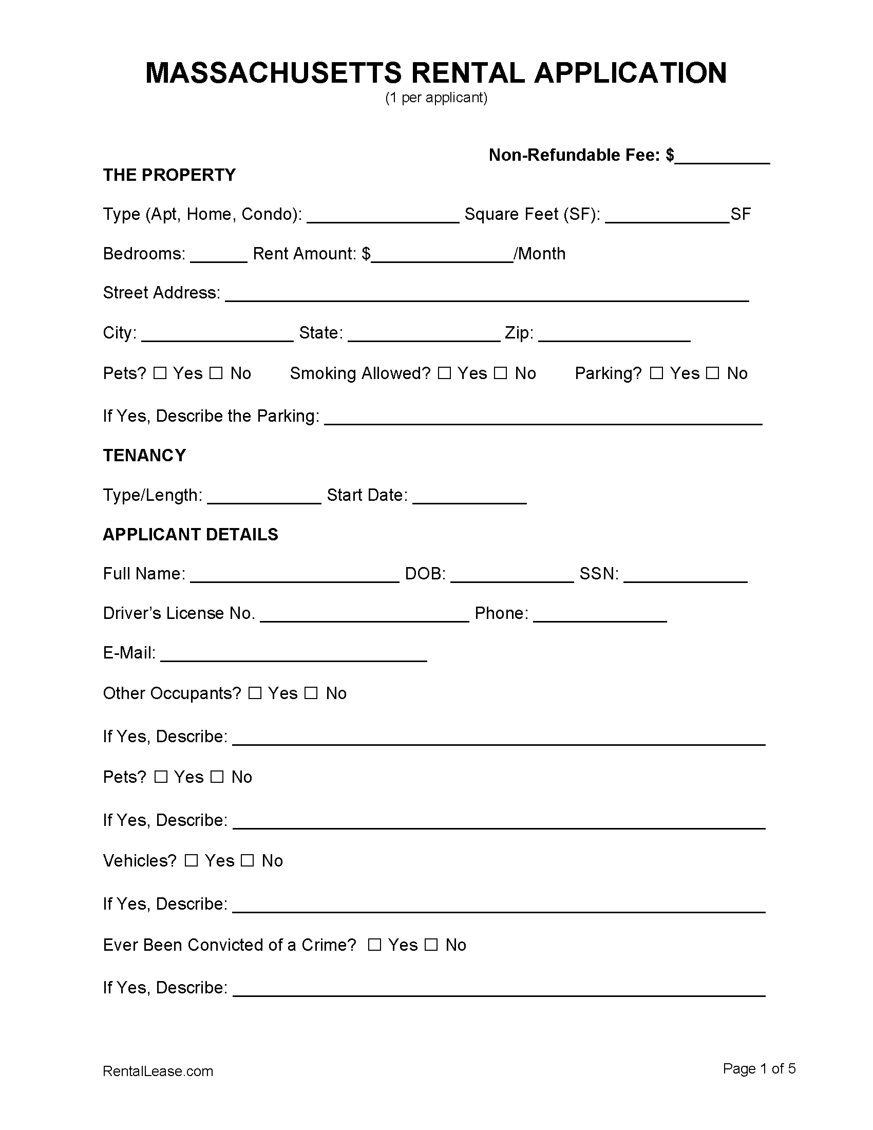 Free Massachusetts Rental Application Template PDF Word