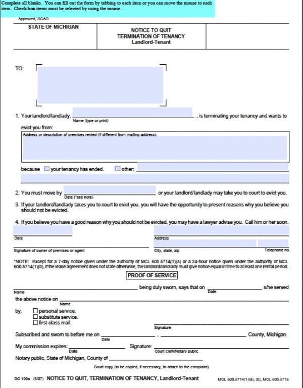 Free Michigan 7 Day Notice To Quit NonPayment Form DC 100c PDF 