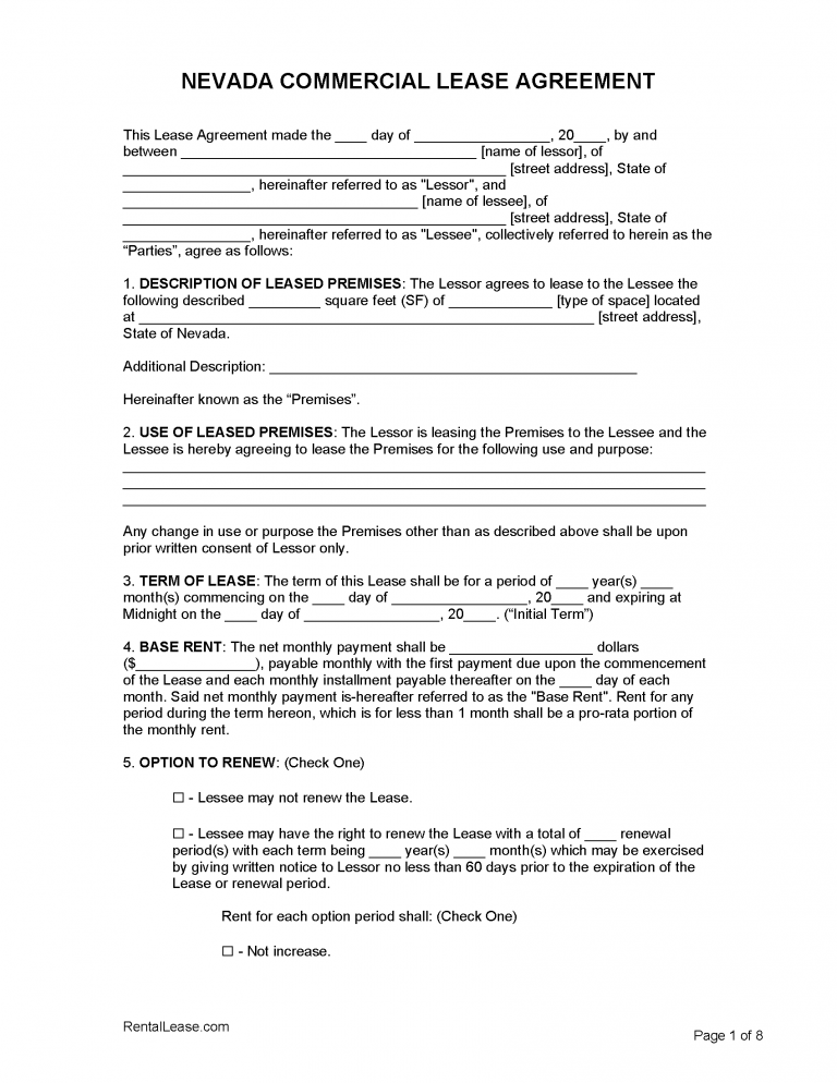 Free Nevada Rental Lease Agreement Templates PDF Word   Nevada Commercial Lease Agreement 768x994 