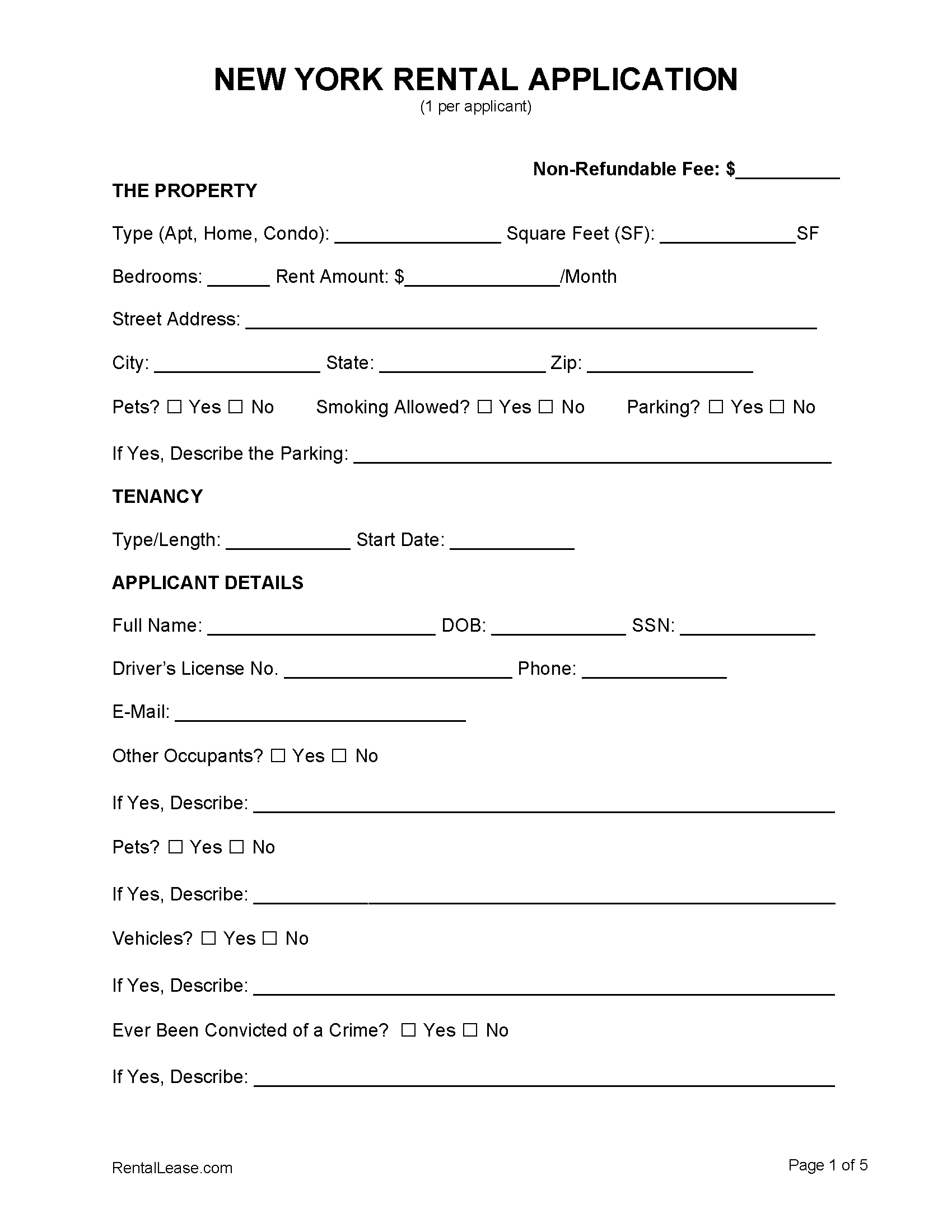 Free New York Rental Application Template PDF Word