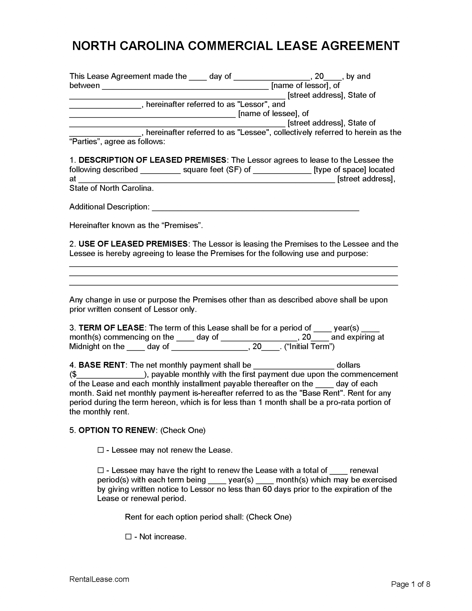 Free North Carolina Rental Lease Agreement Templates | PDF | Word