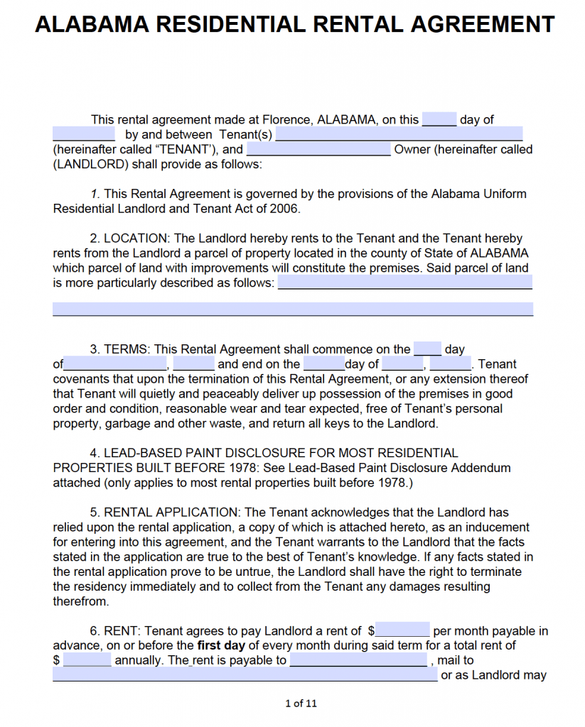 Free Alabama Rental Lease Agreement Templates | PDF | Word