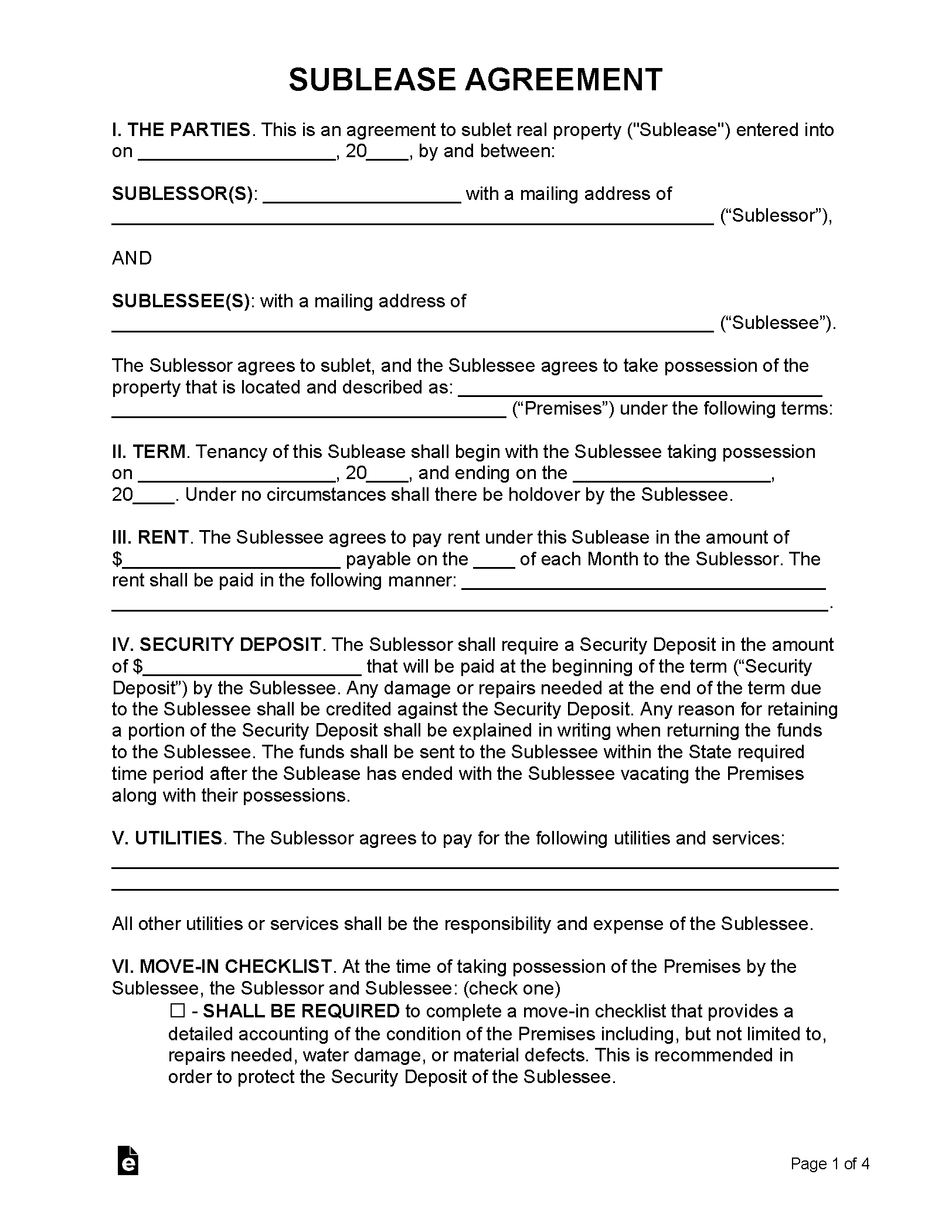 Free Sublease Agreement Template Word