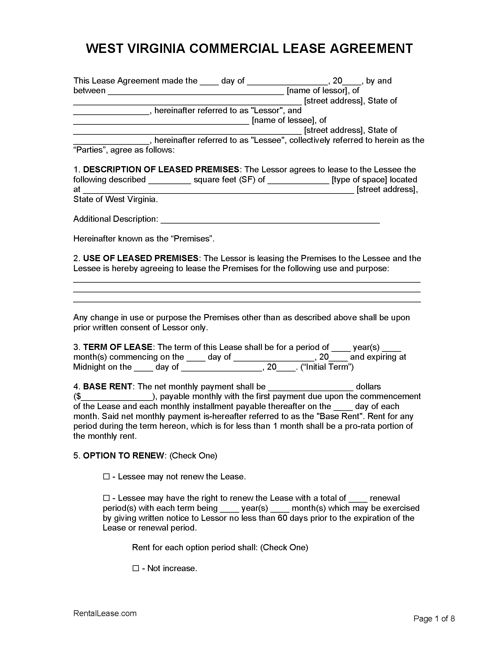 Free West Virginia Commercial Lease Agreement Template PDF Word