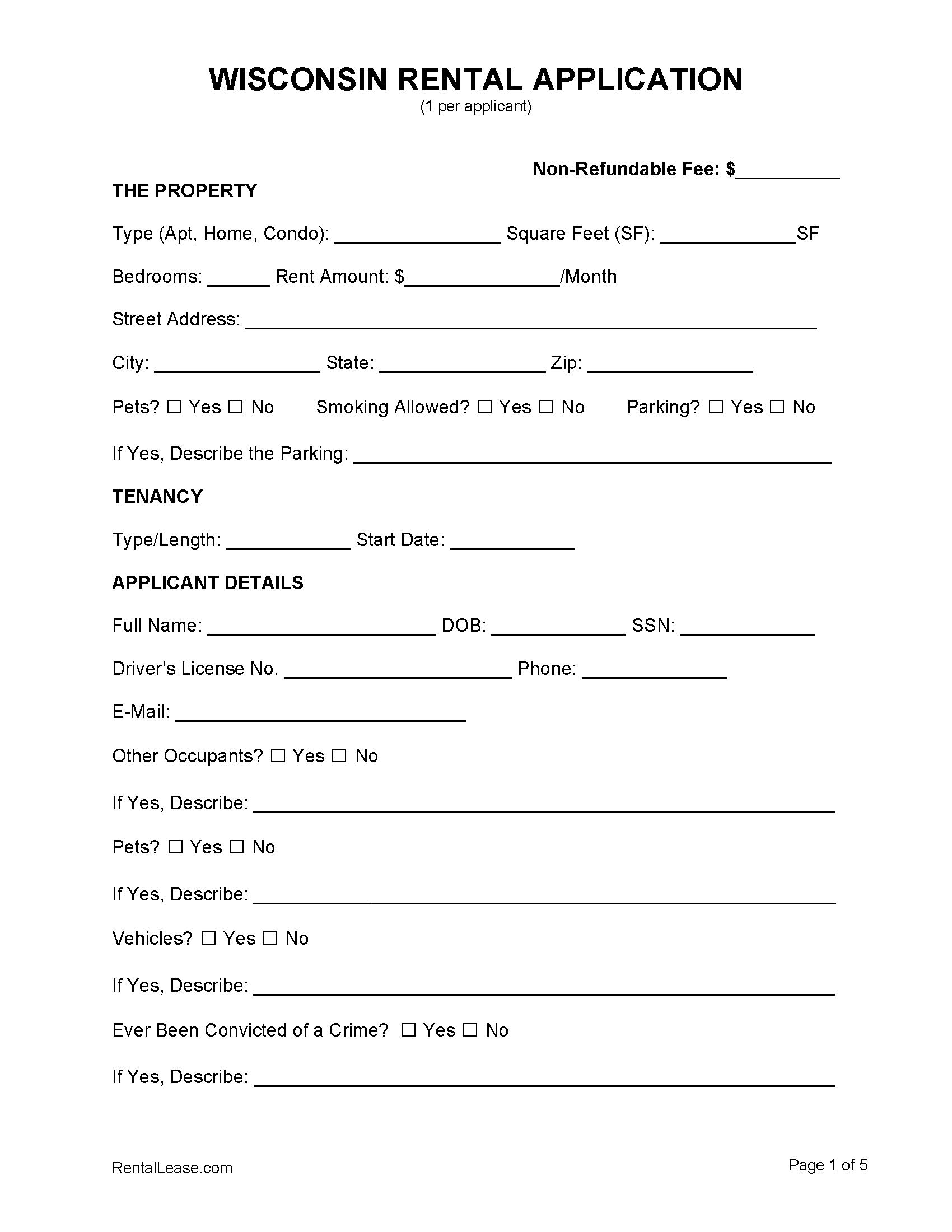 free wisconsin rental application template pdf word