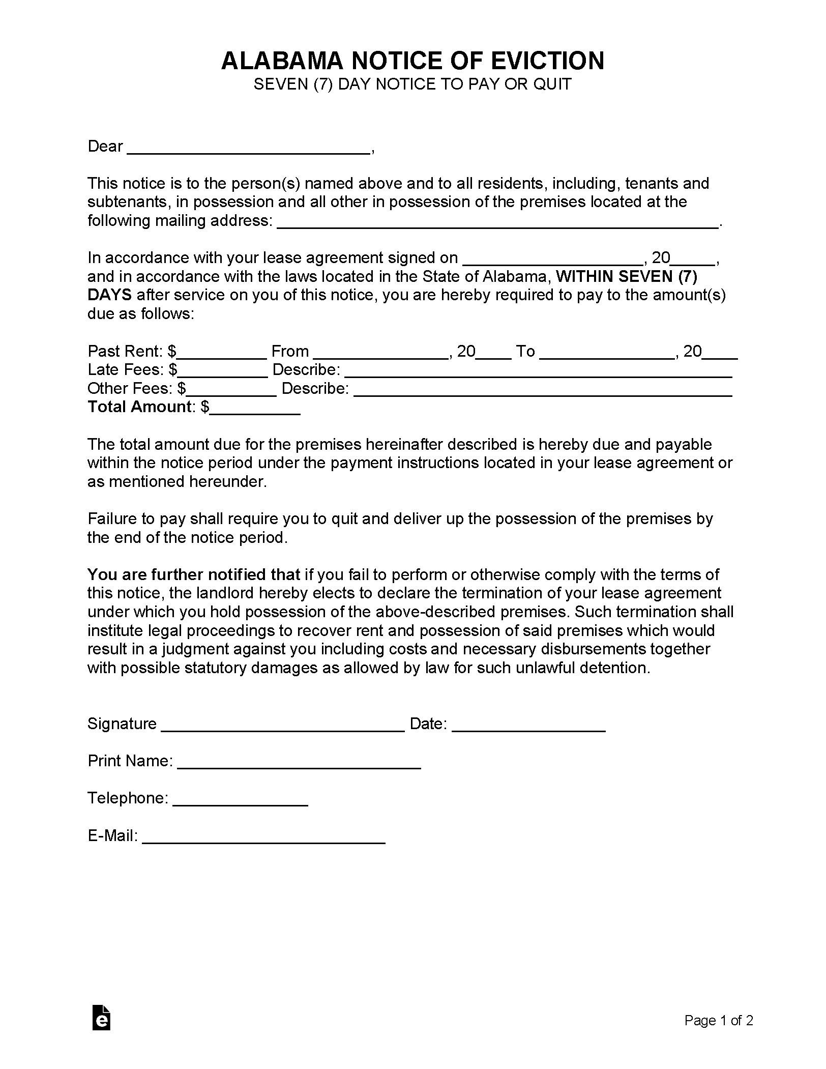 Free Alabama Rental Lease Agreement Templates PDF Word