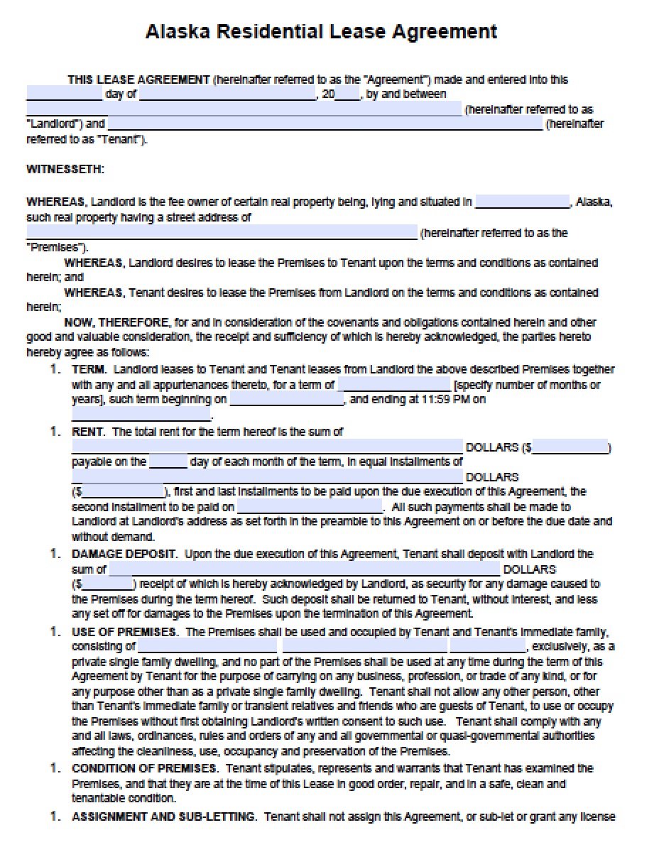 free alaska standard residential lease agreement template pdf word