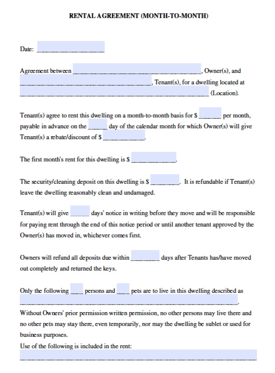 California Month To Month Rental Agreement Blank Forms Printable