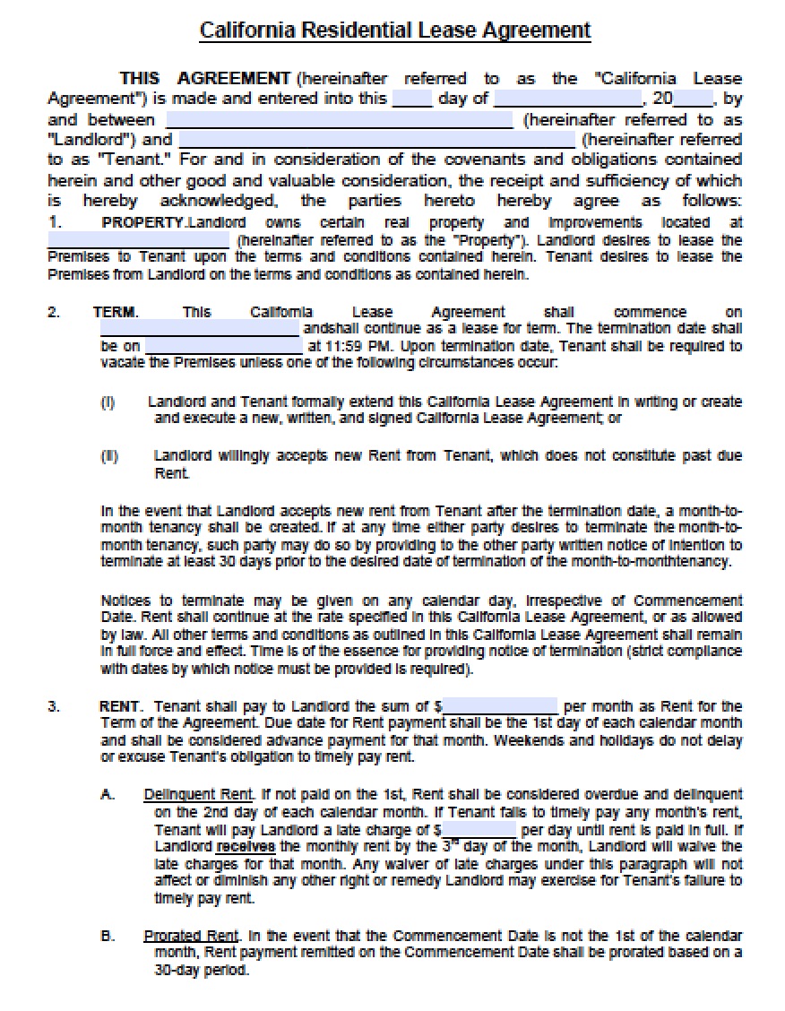 free california standard residential lease agreement template pdf