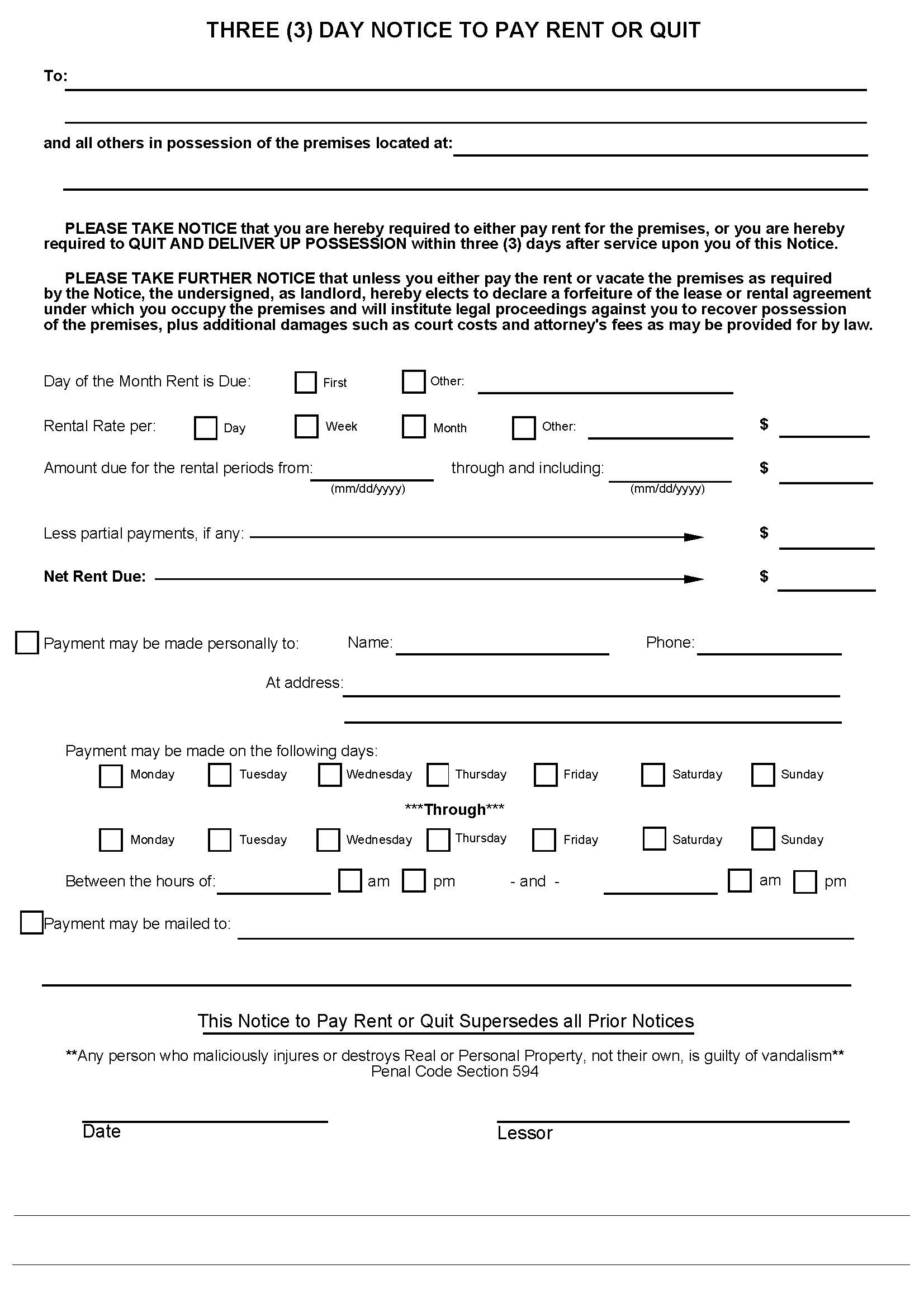 Free California Eviction Notice 3 Day Notice To Quit Late Rent Template PDF Word