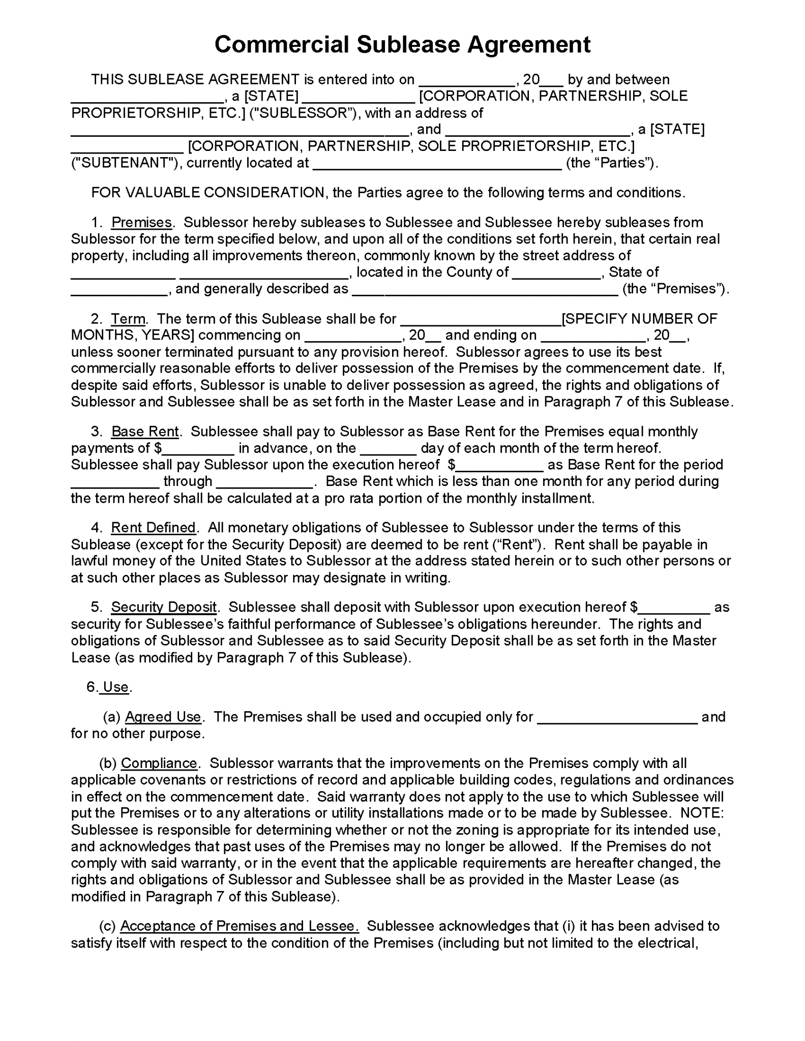 Commercial Sublease Agreement Template Free Sample Example Format