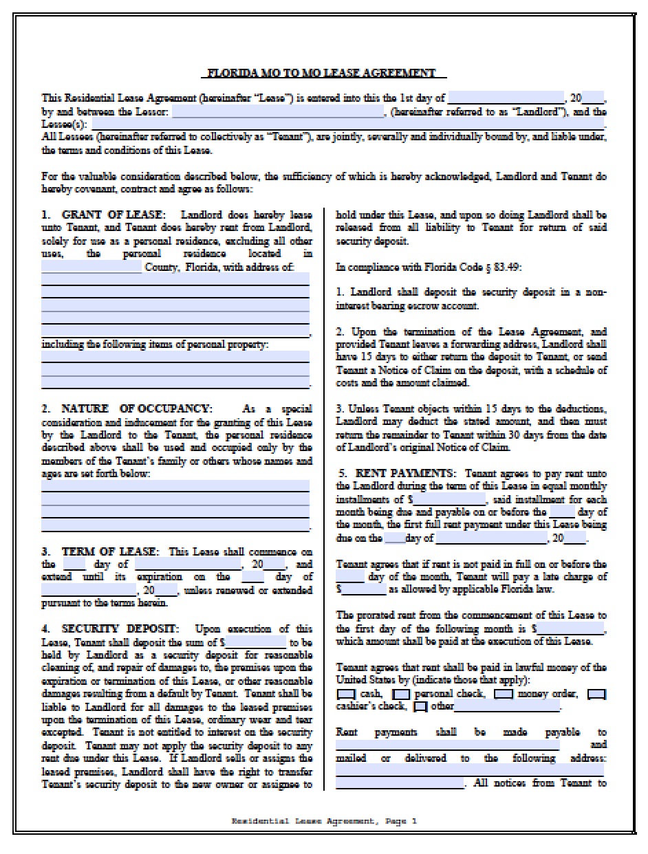 free florida month to month lease agreement pdf word doc