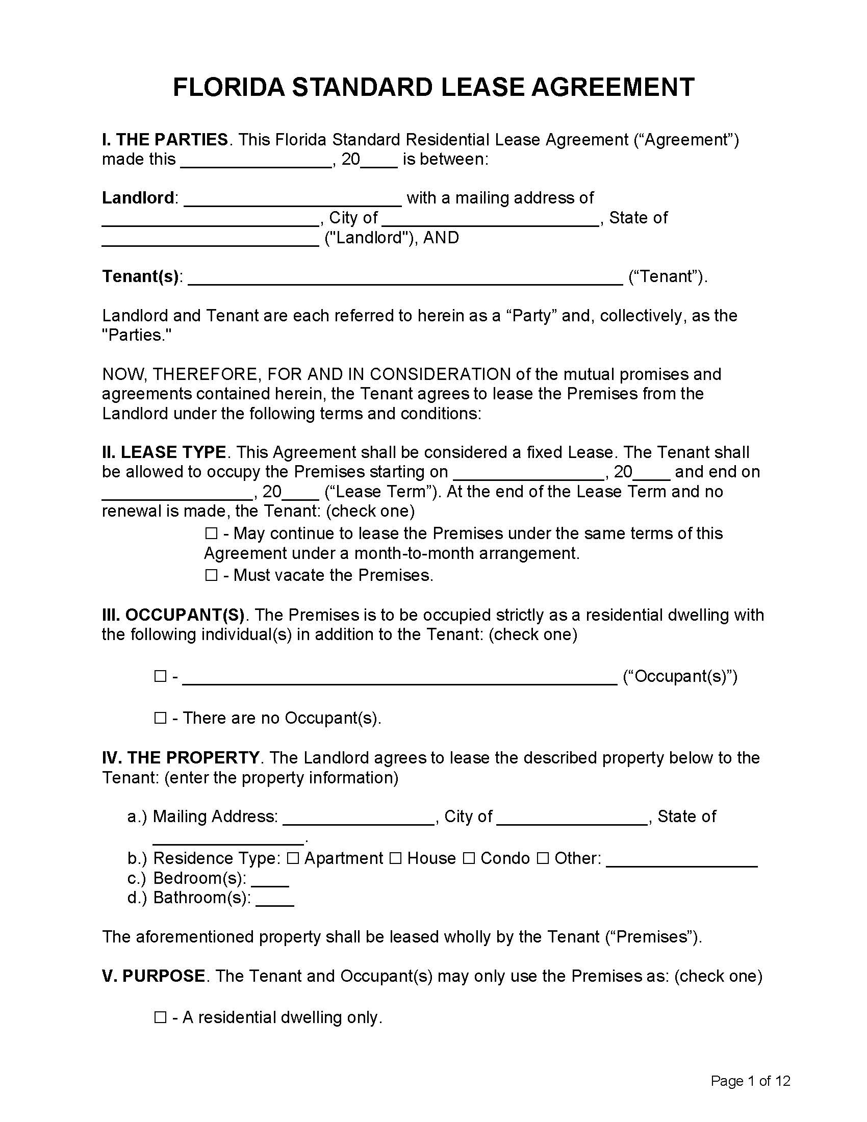 Florida Standard Residential Lease Agreement Form 