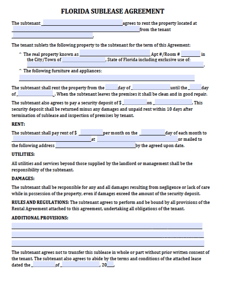 Free Residential Lease Agreement Template Florida Printable Form