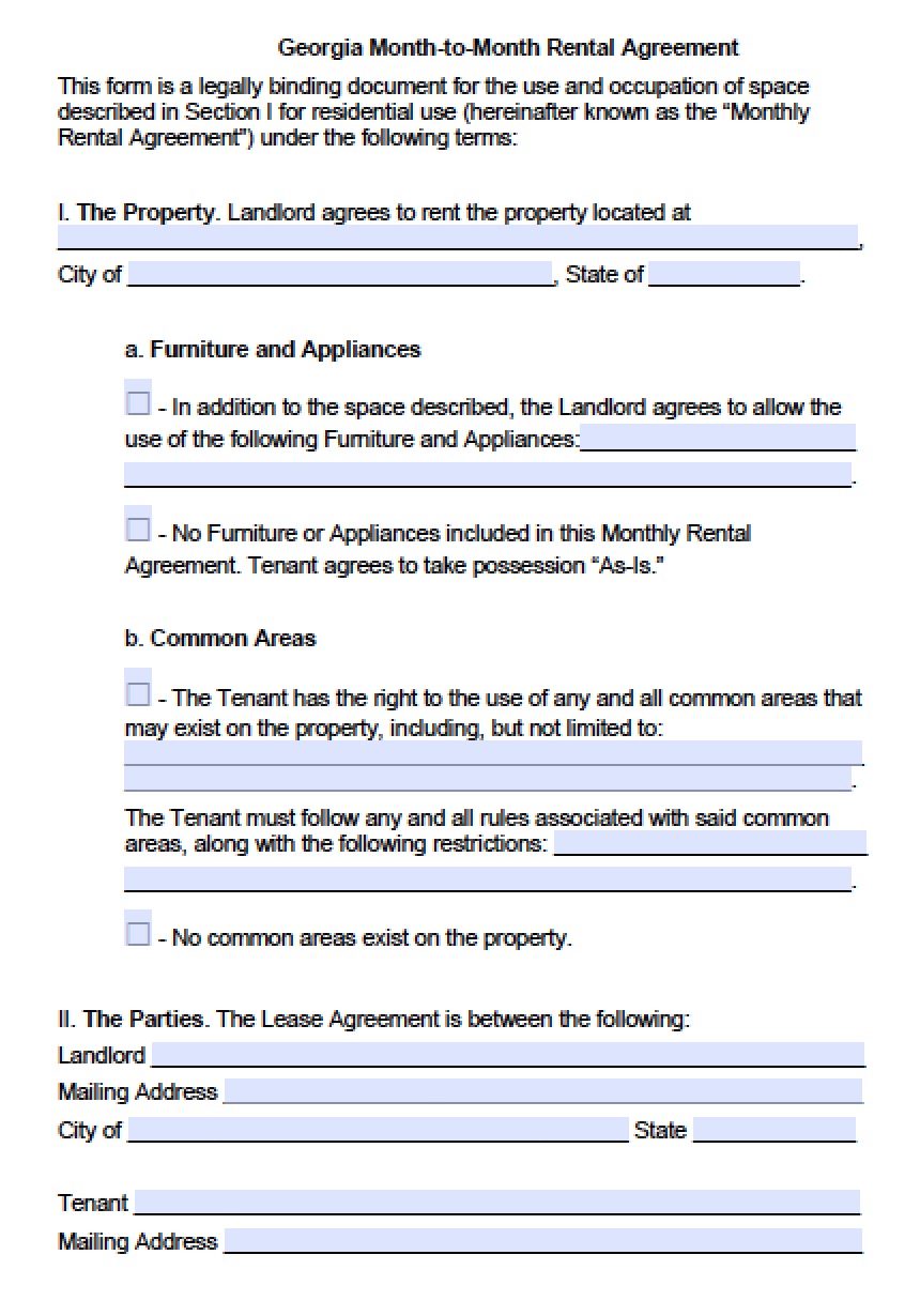 Free Georgia Month to Month Lease Agreement PDF Word doc 