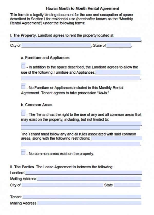 free hawaii month to month lease agreement pdf word doc