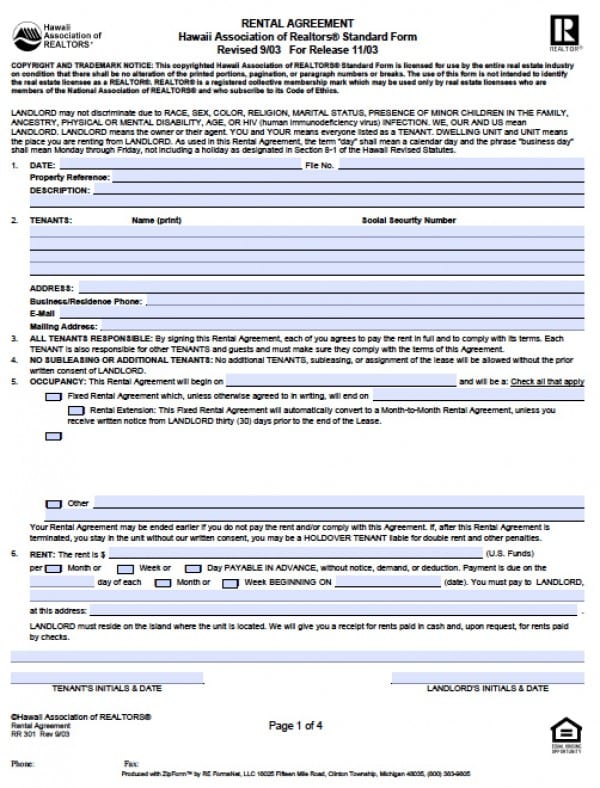 Free Hawaii Residential Lease Agreement PDF Word (.doc)