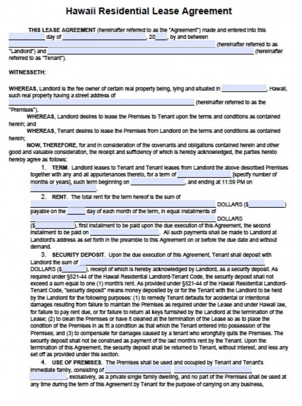 free hawaii residential lease agreement pdf word doc