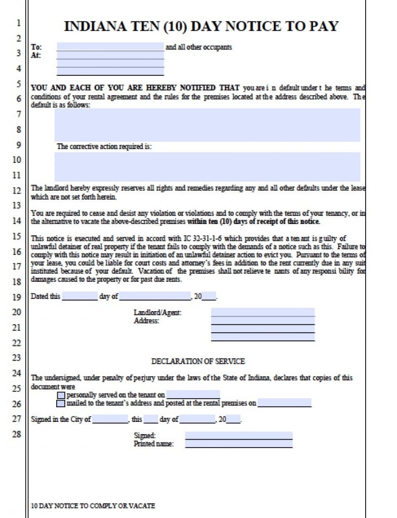 Free Indiana Ten (10) Day Notice to Quit | Eviction Notice for Late ...