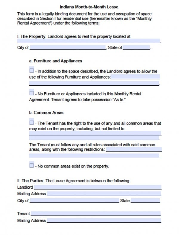 free indiana month to month lease agreement pdf word