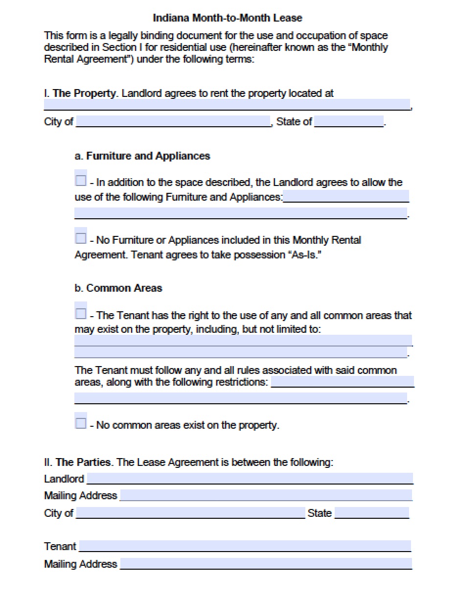 Free Indiana Rental Lease Agreement Templates Pdf Word