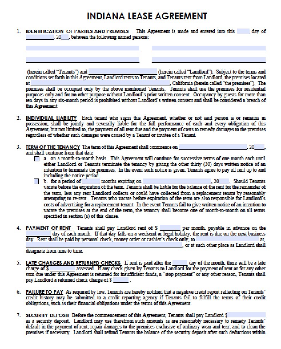Free Indiana Rental Lease Agreement Templates Pdf Word