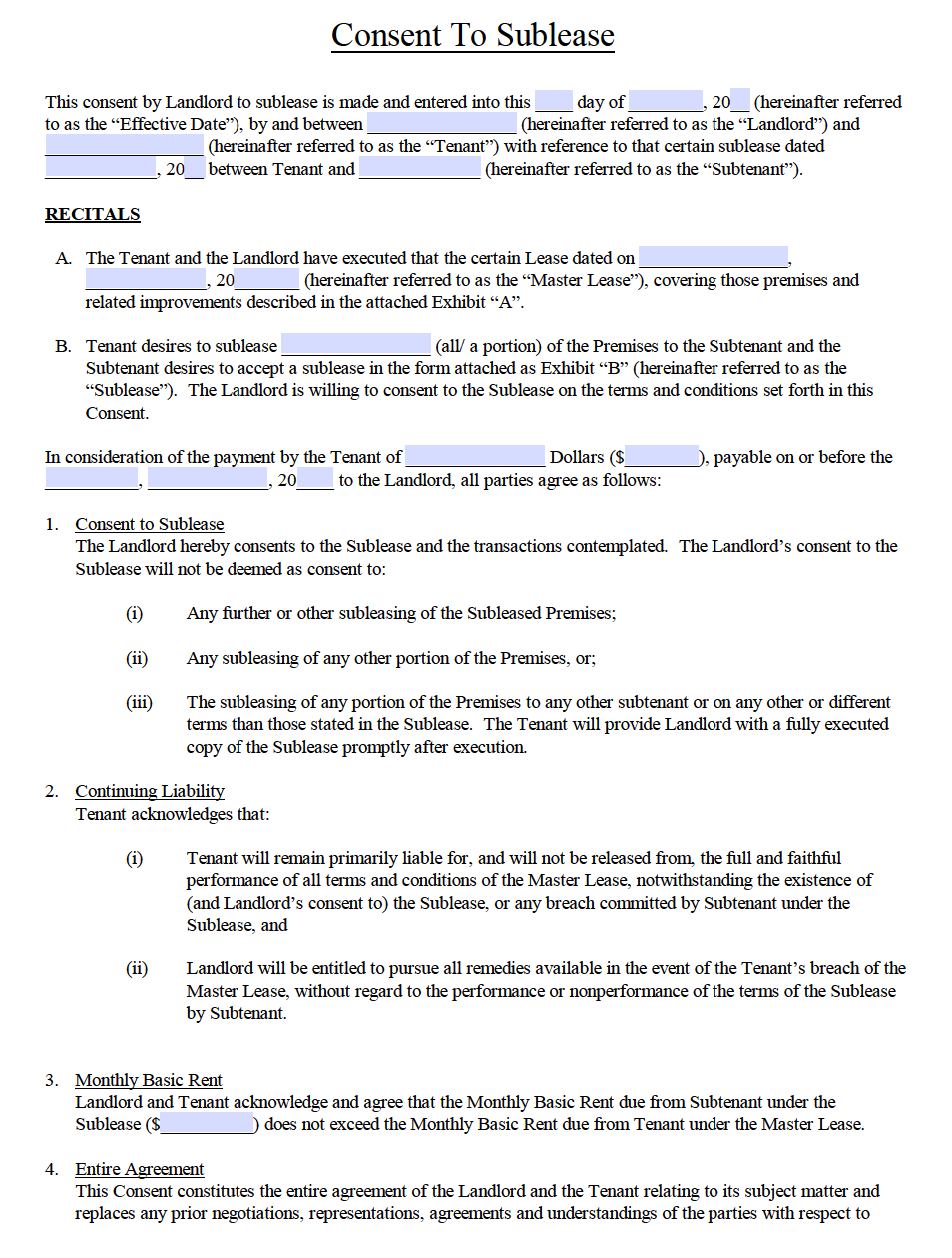 Free Sub-lease Agreement Templates 