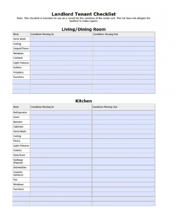Free Landlord Tenant Move in Move out Checklist PDF Word doc 
