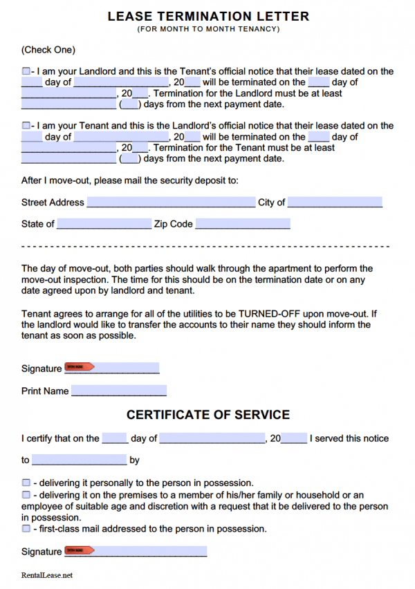 Lease Termination Letter for Month to Month Tenancy (Adobe PDF - Microsoft Word (.doc))