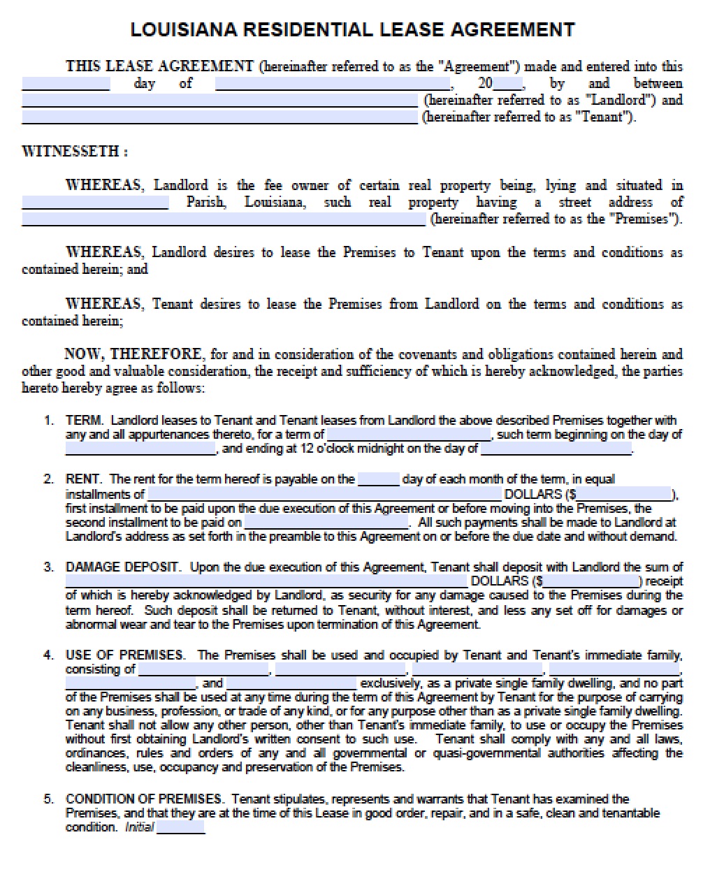 Residential Lease Agreement Louisiana Printable Form, Templates and