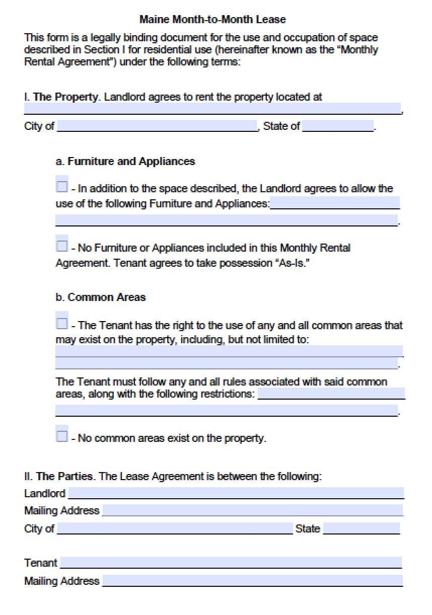 Free Maine MonthtoMonth Lease Agreement Template PDF Word