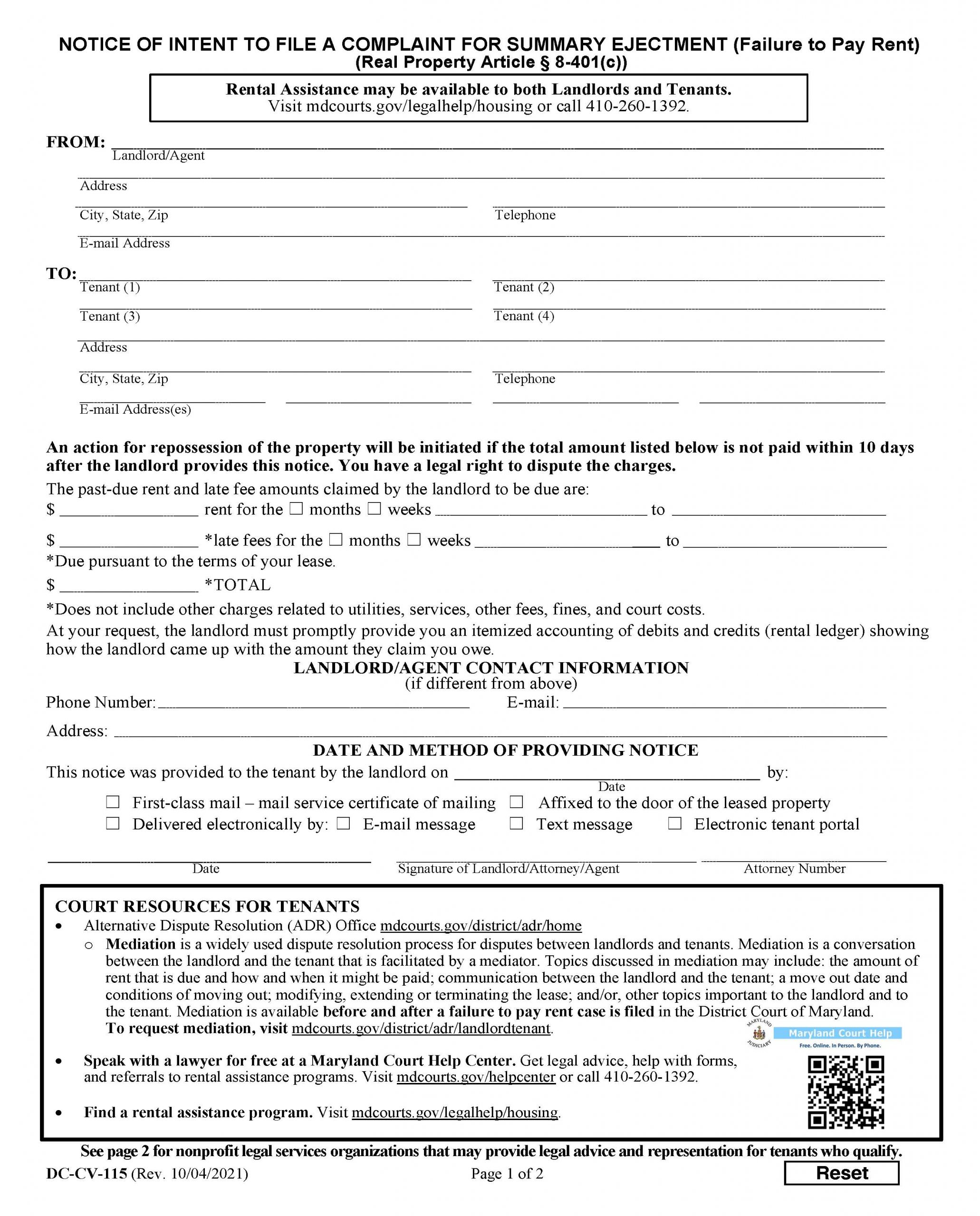 Free Maryland Standard Residential Lease Agreement Pdf Word Eforms 