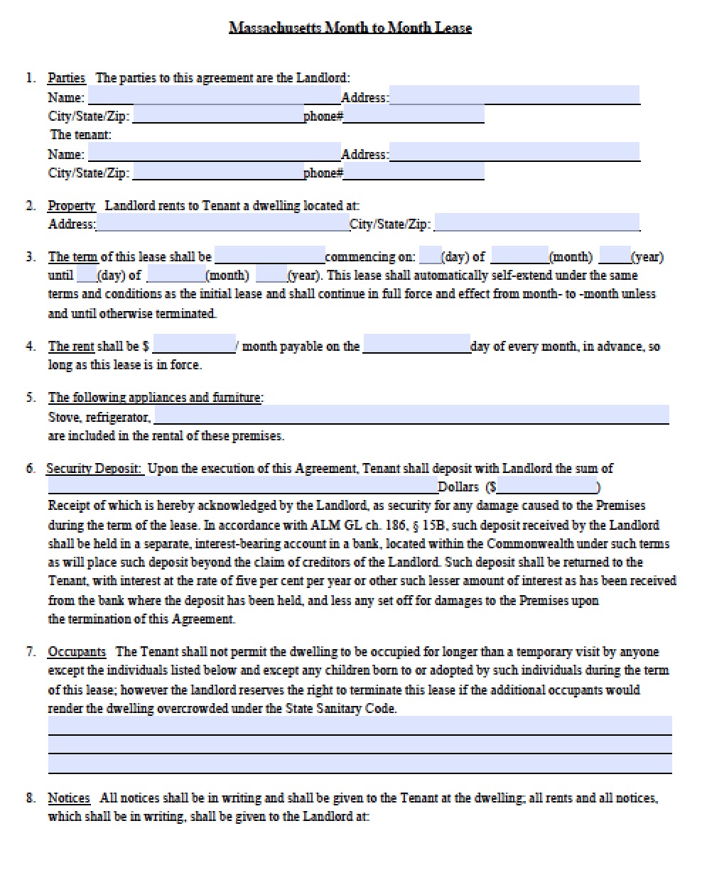 Free Massachusetts Month To Month Tenancy At Will Lease Agreement Template Pdf Word