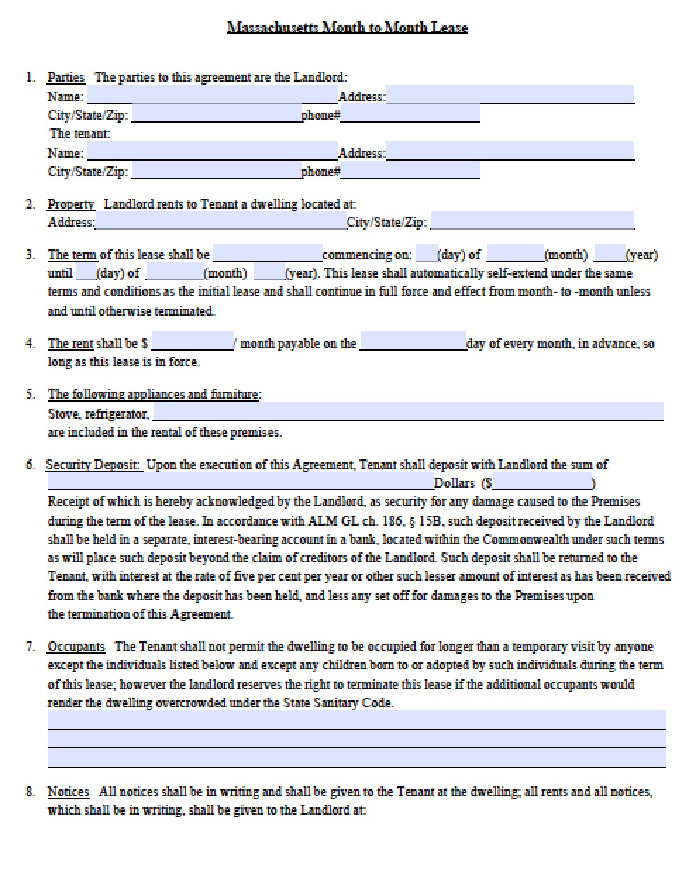 Free Massachusetts Month to Month Tenancy At Will Lease Agreement