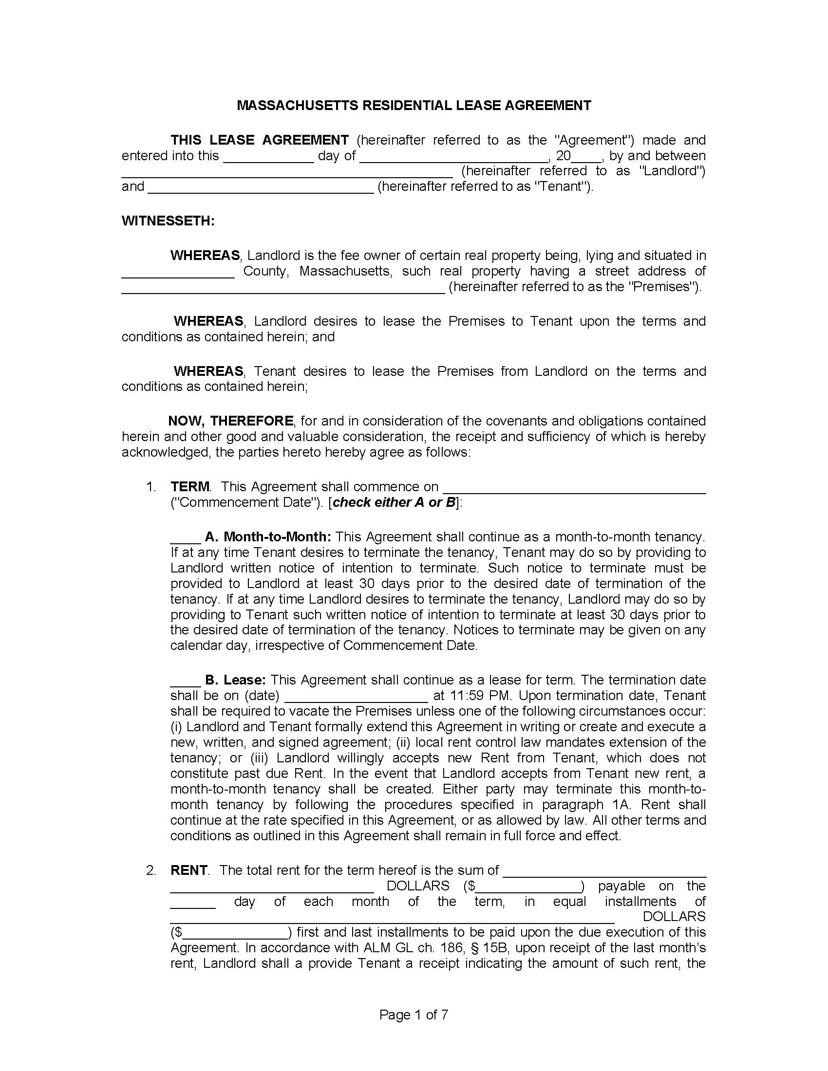free massachusetts standard one 1 year residential lease agreement template pdf word