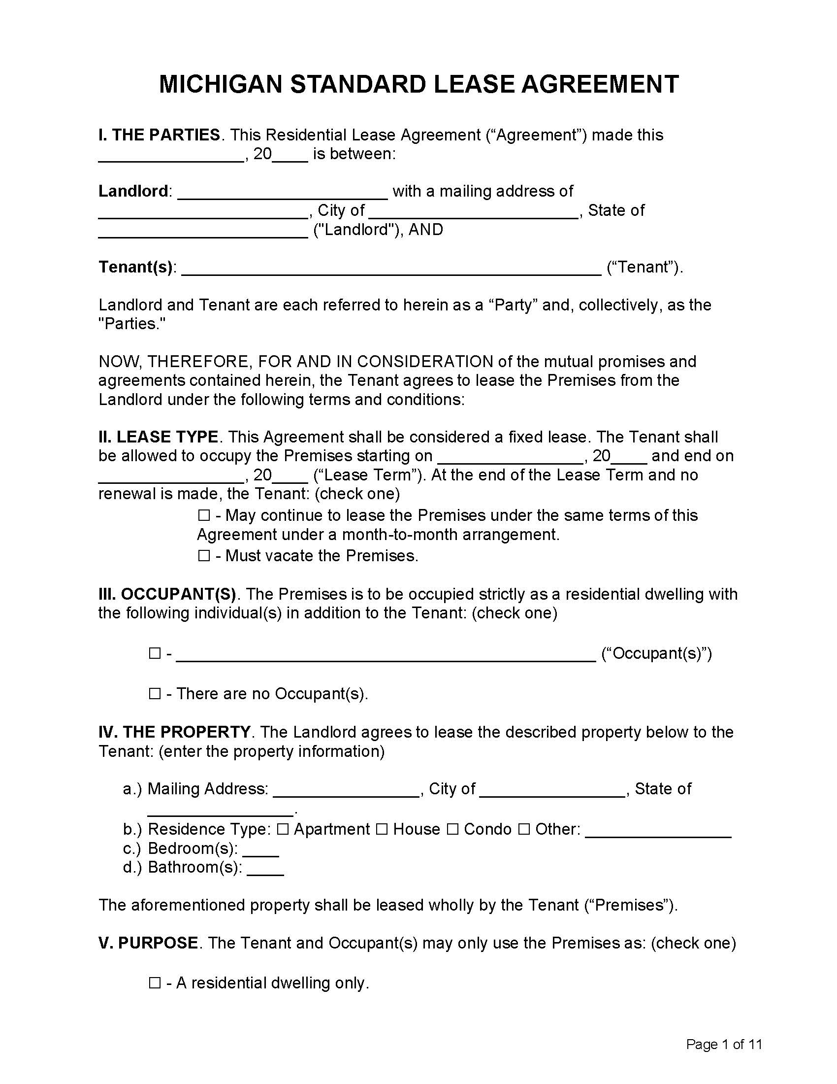 Free Michigan Standard Residential Lease Agreement Template PDF Word